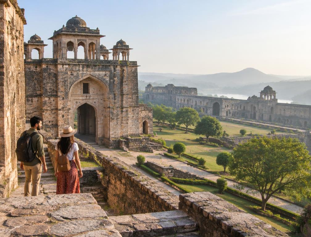 Travelers discovering historic stone architecture in Mandu