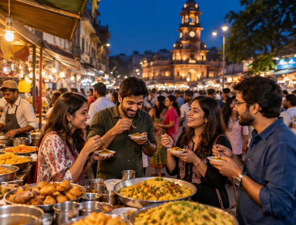 Friends tasting street food at Indore's lively Sarafa Bazaar